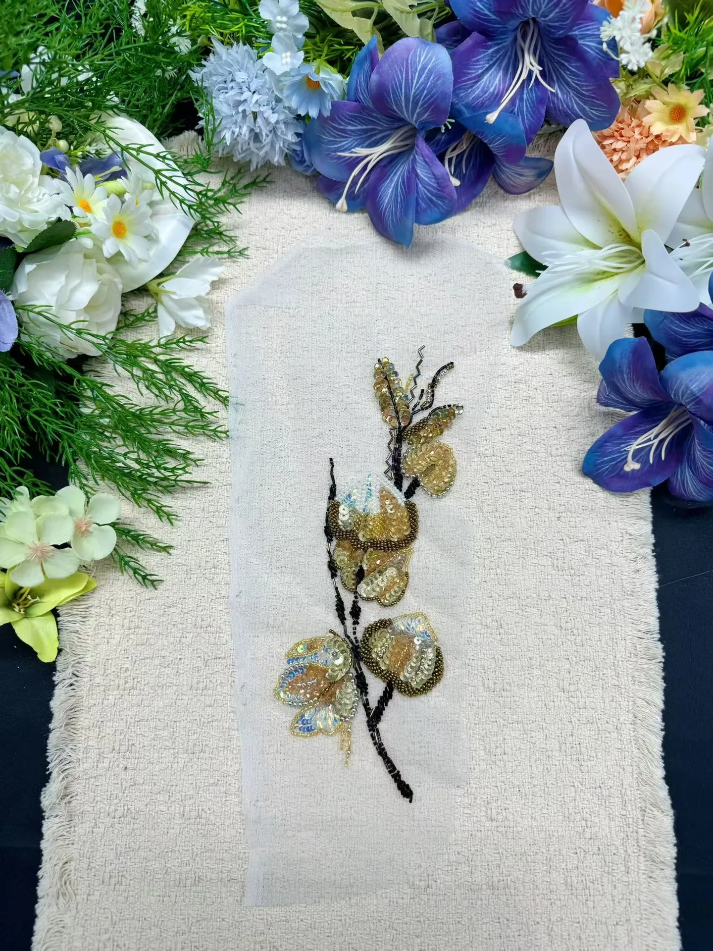 Embroidered Floral Fabric with Beaded and Sequin Embellishments
