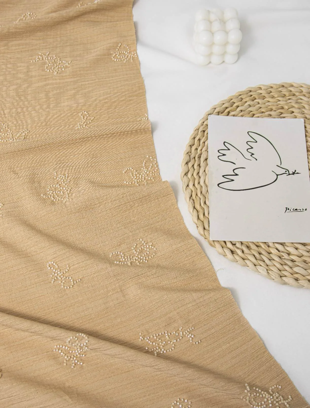 Embellished Textured Fabric with Beaded Floral Motifs — image 1
