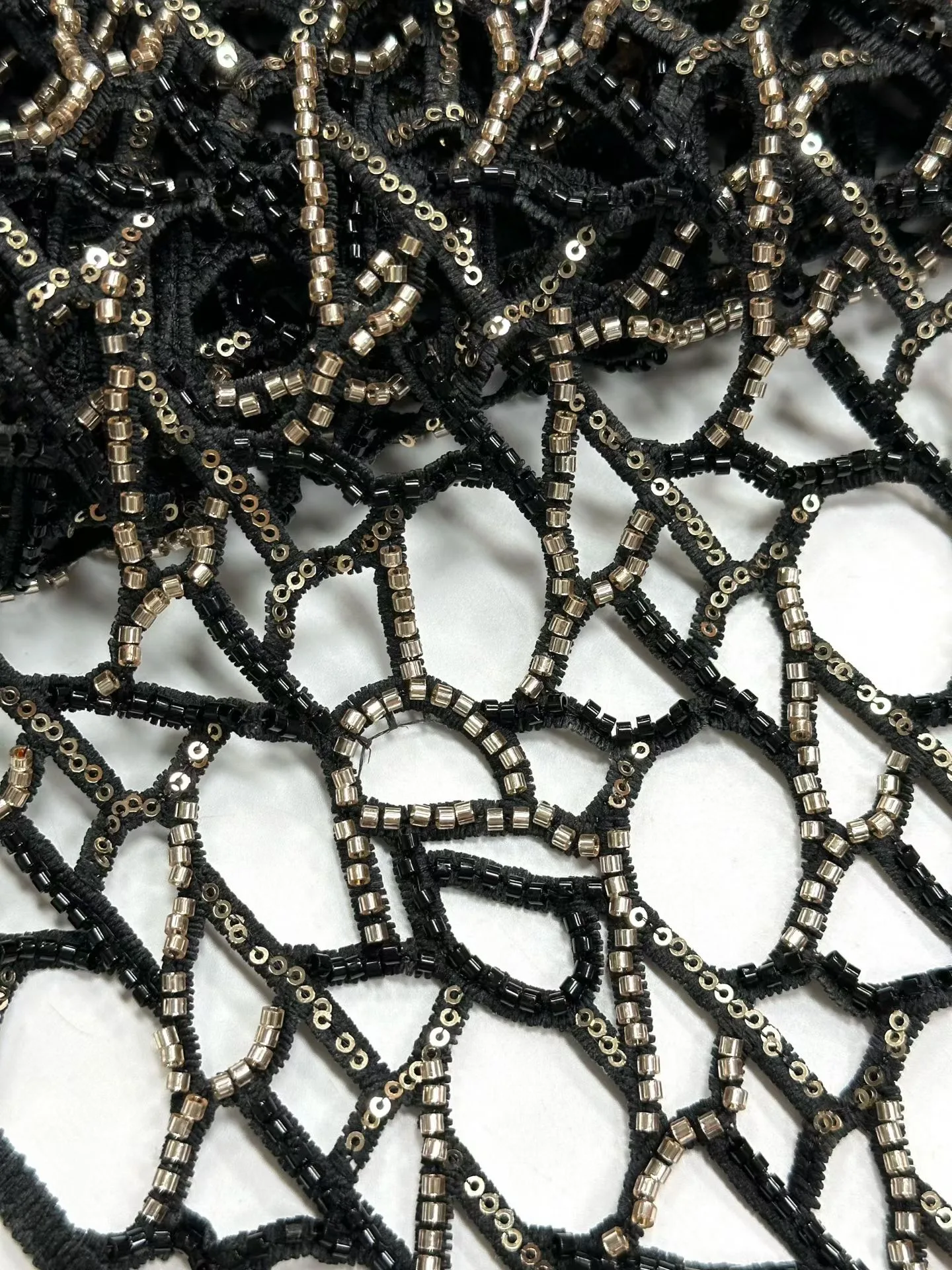 Black Embroidered Fabric with Metallic Bead and Sequin Embellishments